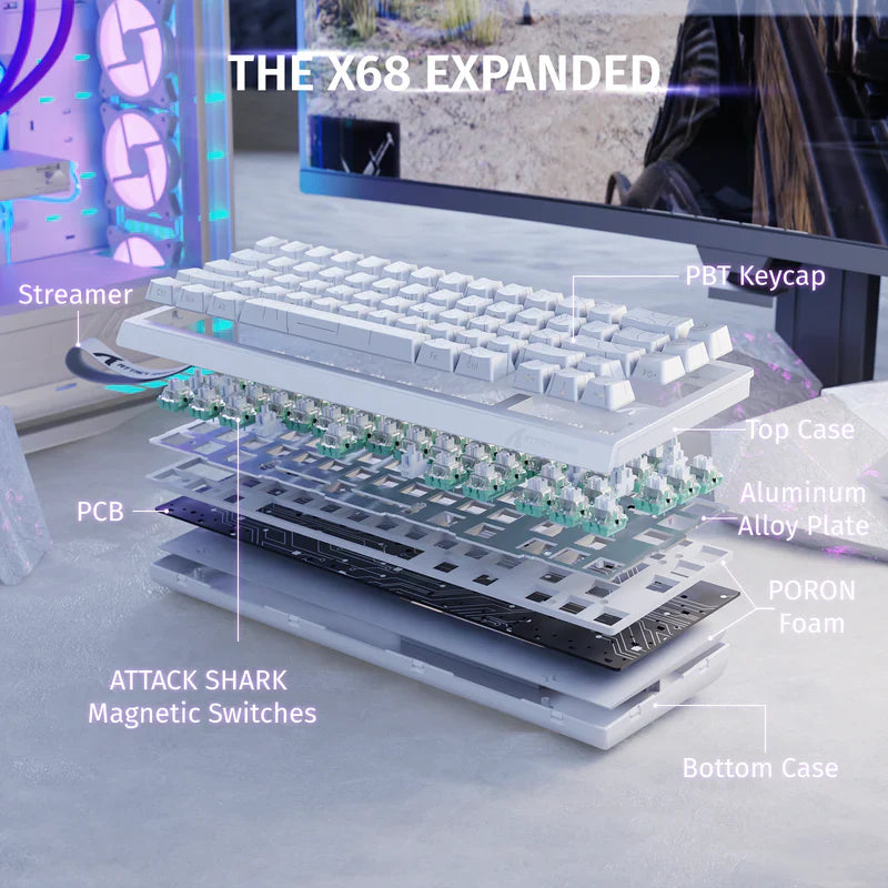 ATTACK SHARK X68 HE Rapid Trigger Mechanical Gaming Keyboard 60% Wired TKL with Adjustable Actuation,Hall Effect Magnetic Switch,8KHz Polling Rate,RGB Backlit,Top Mount for PC Mac Esport Gamer(White)) - - Fun Touch Shop