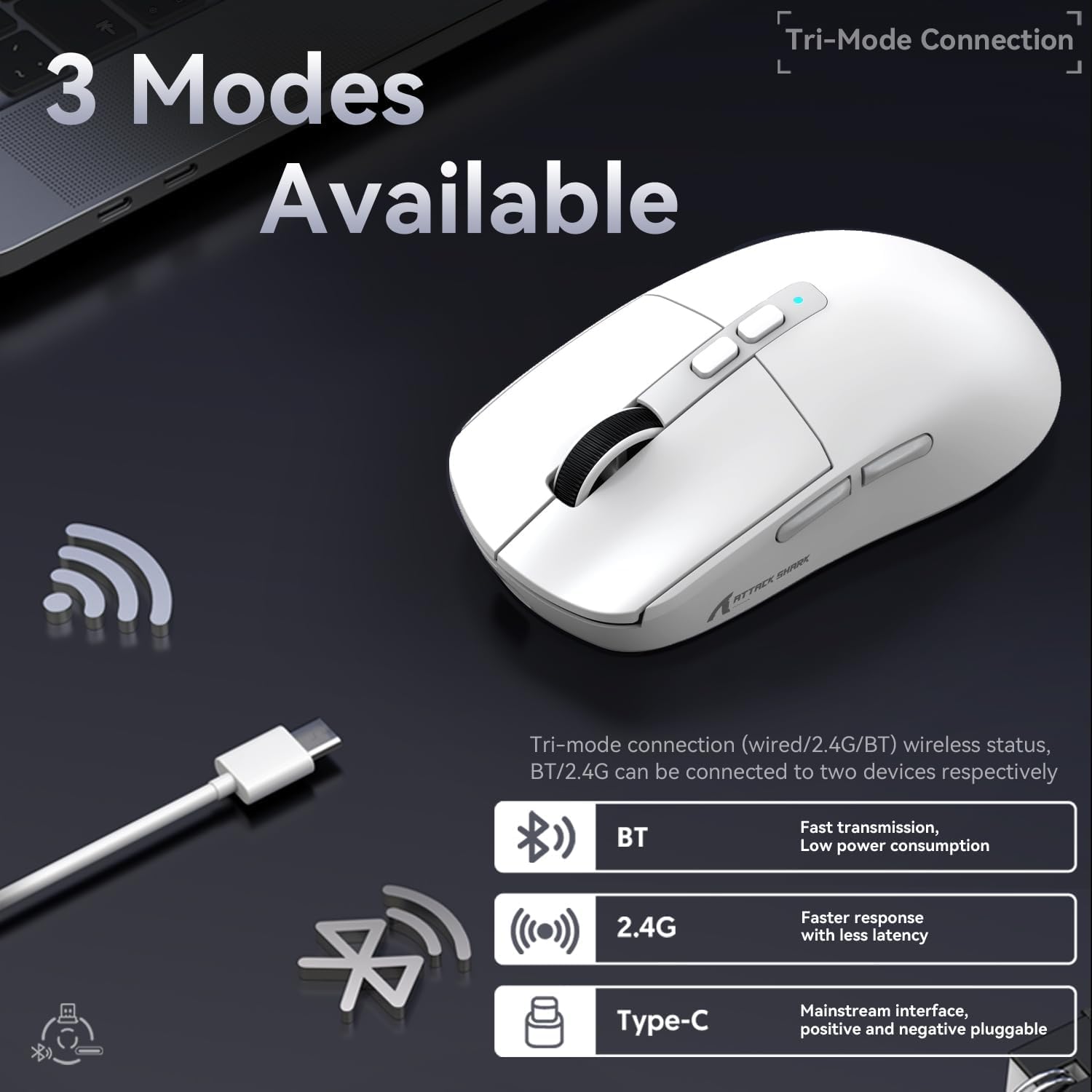 ATTACK SHARK X6 Lightweight Wireless Gaming Mouse with RGB Backlight Charging Base,Tri-Mode Wired/2.4GHz/BT5.2,26K DPI, PAW3395 Optical Sensor,HUANO Switch,5programmable Buttons,PC/Mac(White) - - Fun Touch Shop