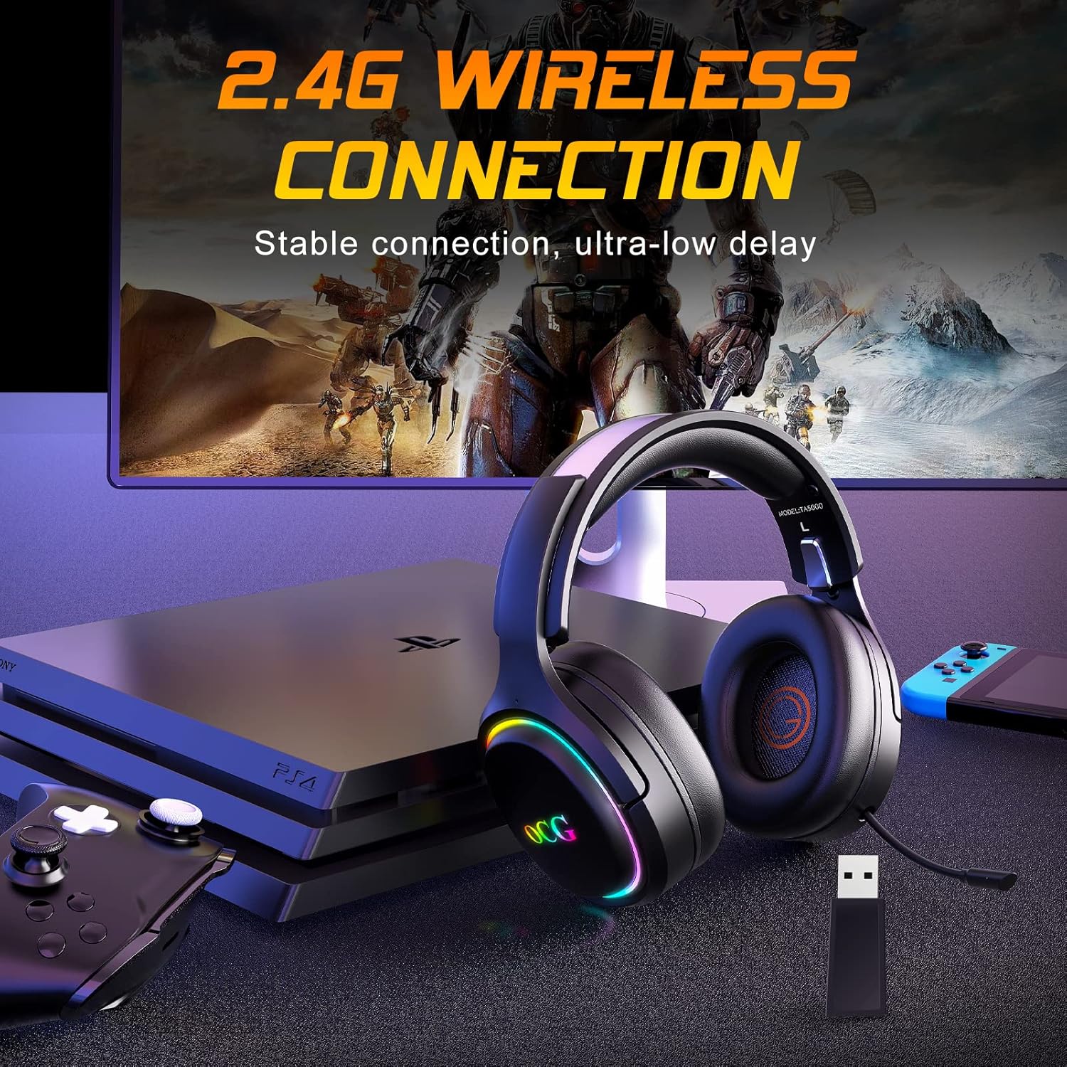 OCG Gaming Headset 2.4GHz Bluetooth Wireless Gaming Headphones for PS5 PS4 PC with Retractable Microphone,RGB Light Wireless Headset Wired Mode for Mac Switch PS2 Black - - Fun Touch Shop
