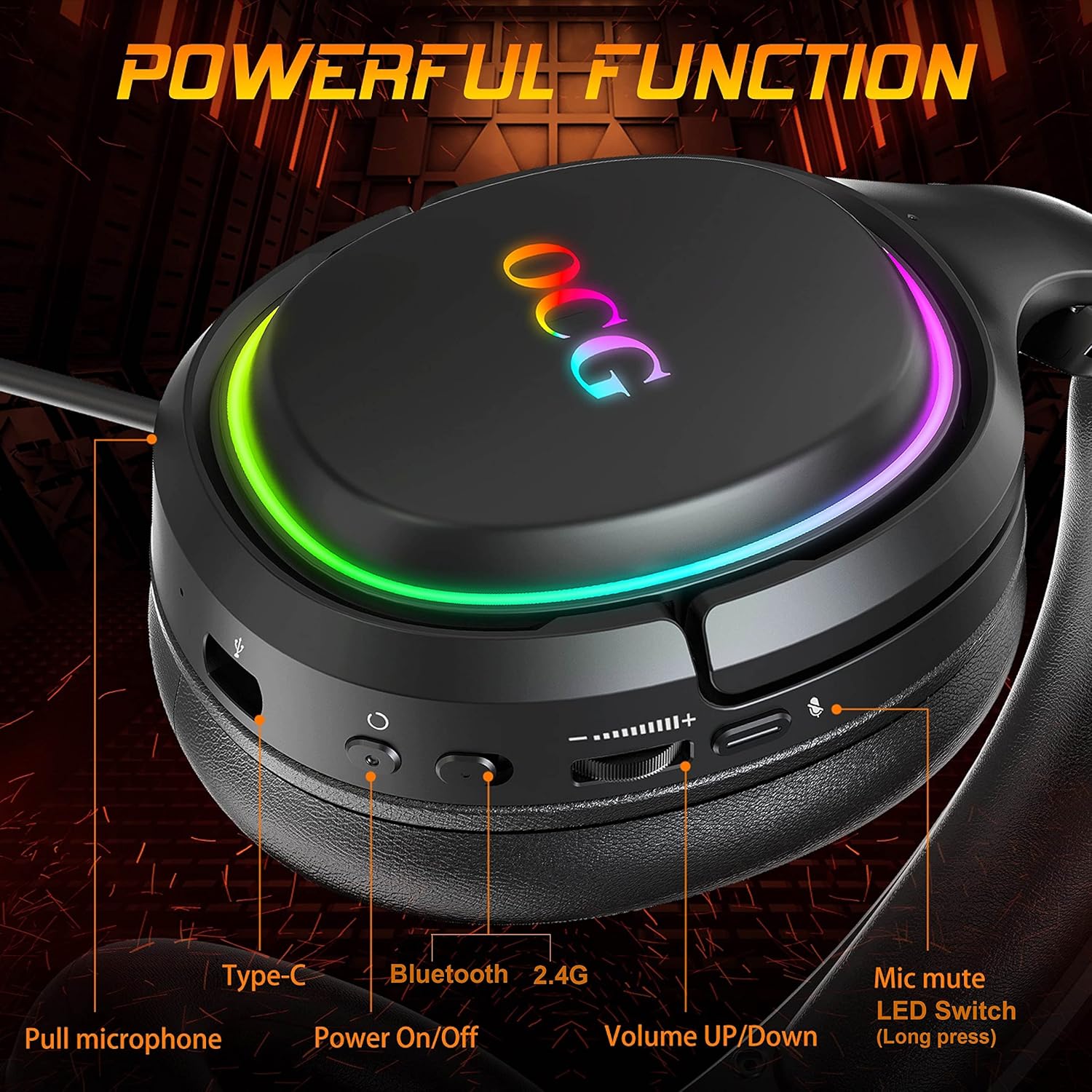 OCG Gaming Headset 2.4GHz Bluetooth Wireless Gaming Headphones for PS5 PS4 PC with Retractable Microphone,RGB Light Wireless Headset Wired Mode for Mac Switch PS2 Black - - Fun Touch Shop