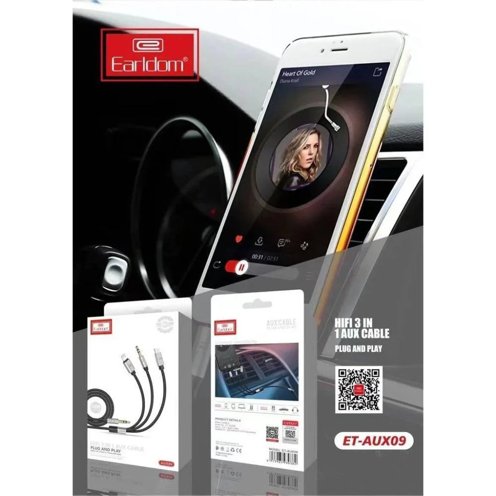 Earldom 3 in 1 type c et-aux09 aux cable (1000ml black/silver)