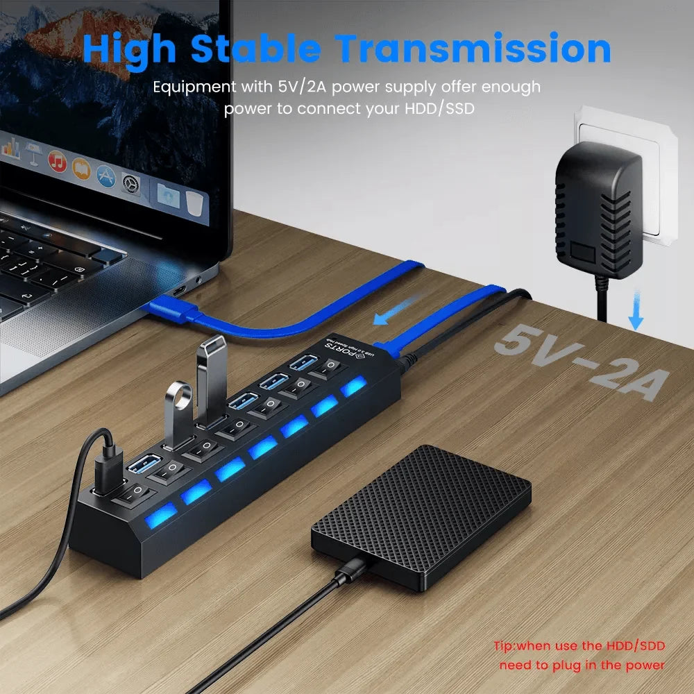 Usb 3.0 hub multi usb splitter 7 port with switch for pc home