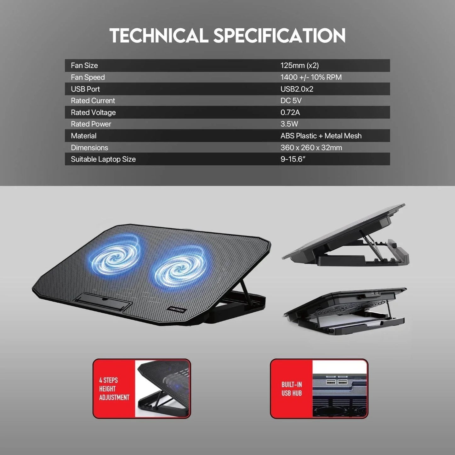 Fantech notebook cooler nc13 two fan suitable for 9-15.6 inch laptop computer