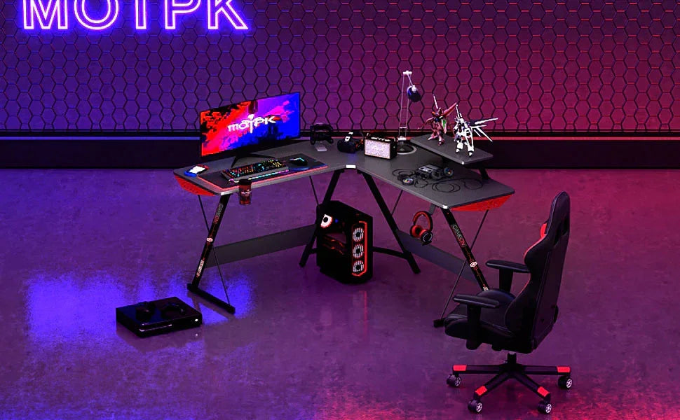 Gameon l-shaped slayer i series gaming desk (size: 129*129*74cm & table top