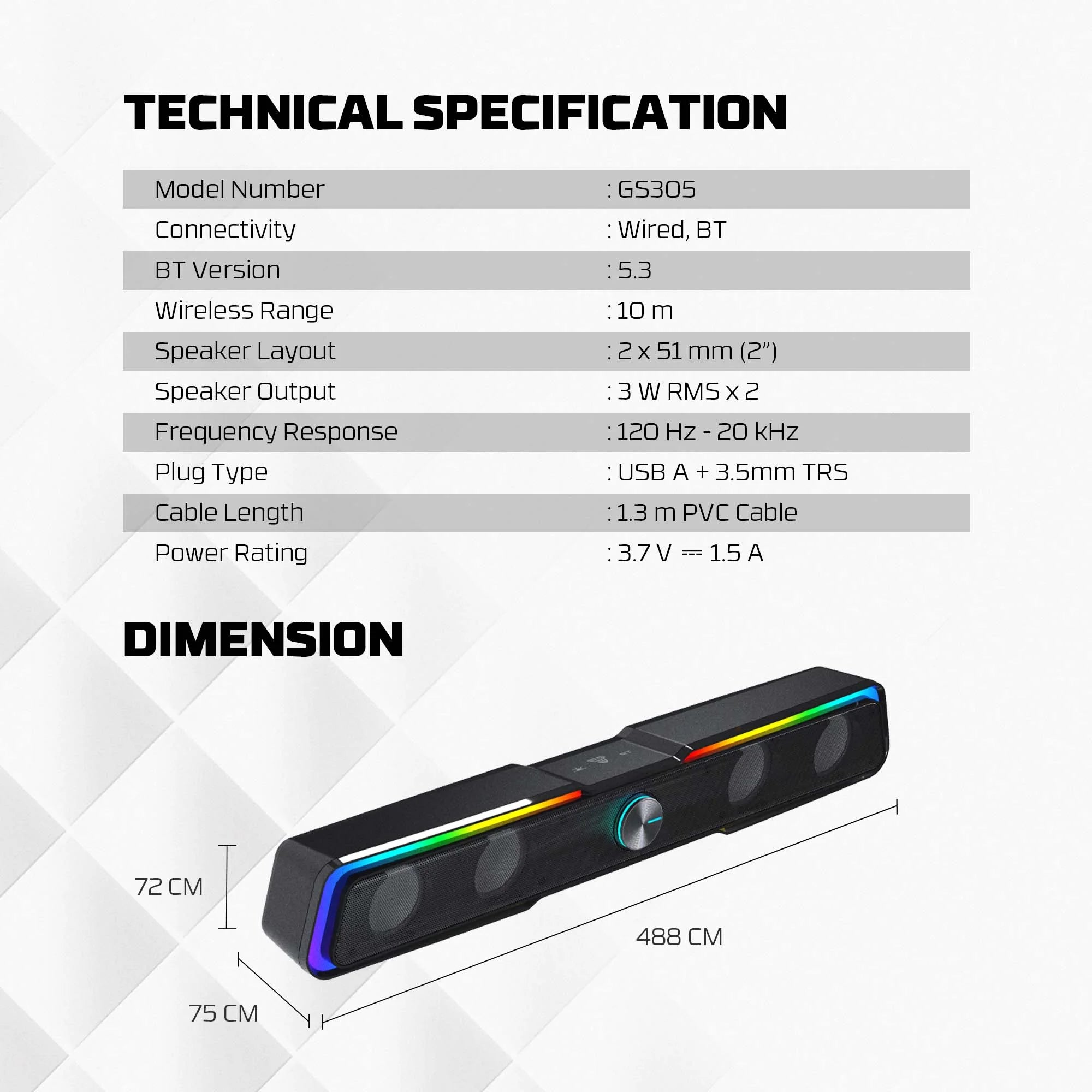 Fantech gs305 bluetooth 5.3 soundbar dual mode rgb lighting gaming speaker