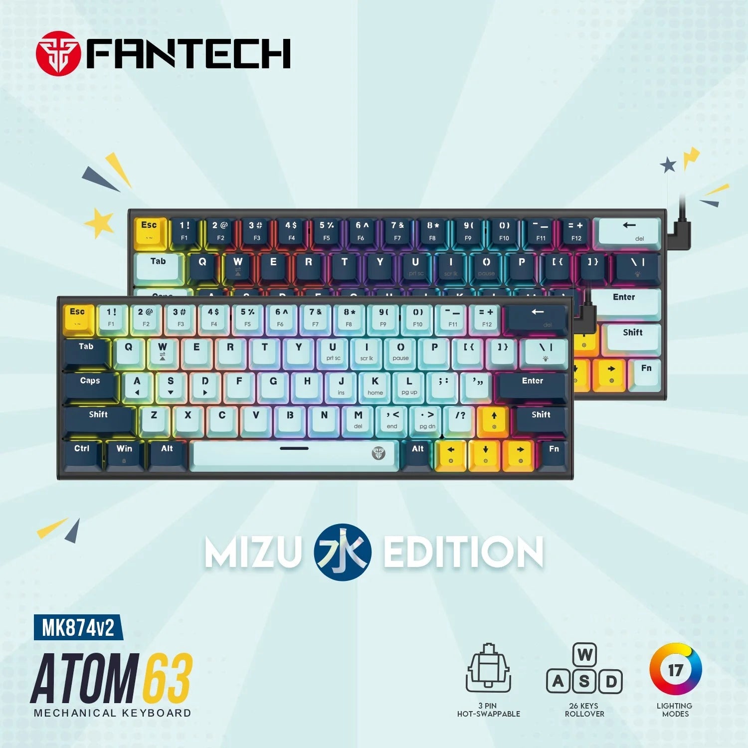 Fantech mk874 v2 atom 63 hot swappable mechanical keyboard navy blue