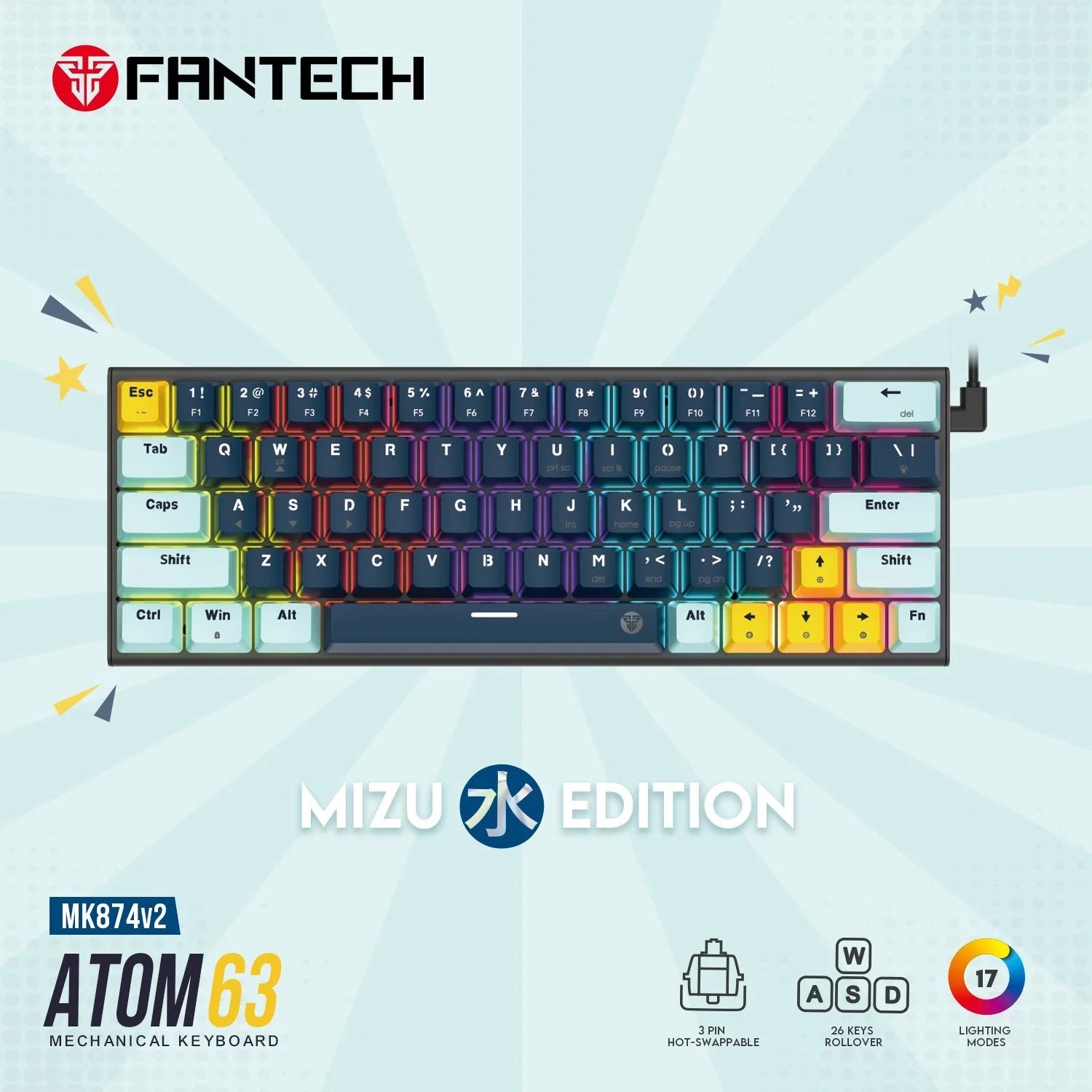 Fantech mk874 v2 atom 63 hot swappable mechanical keyboard navy blue