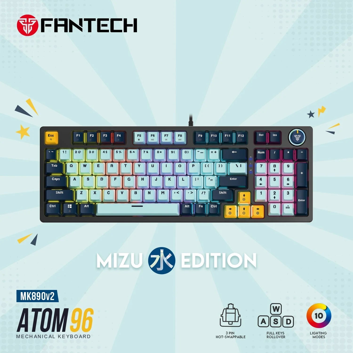 Fantech mk890v2 atom 96 rgb mechanical gaming keyboard mizu edition sky blue