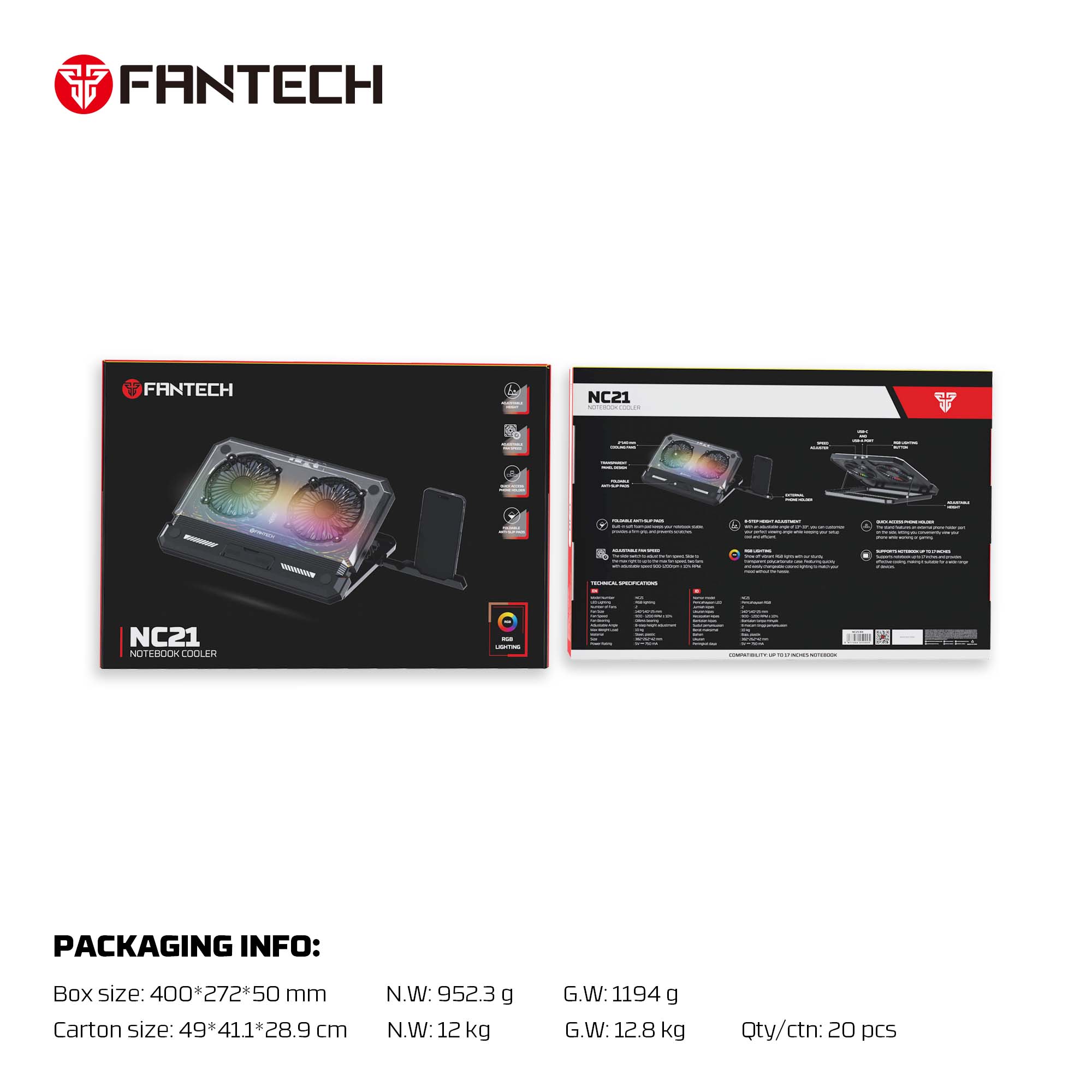 Fantech nc21 notebook cooler laptop cooling pad