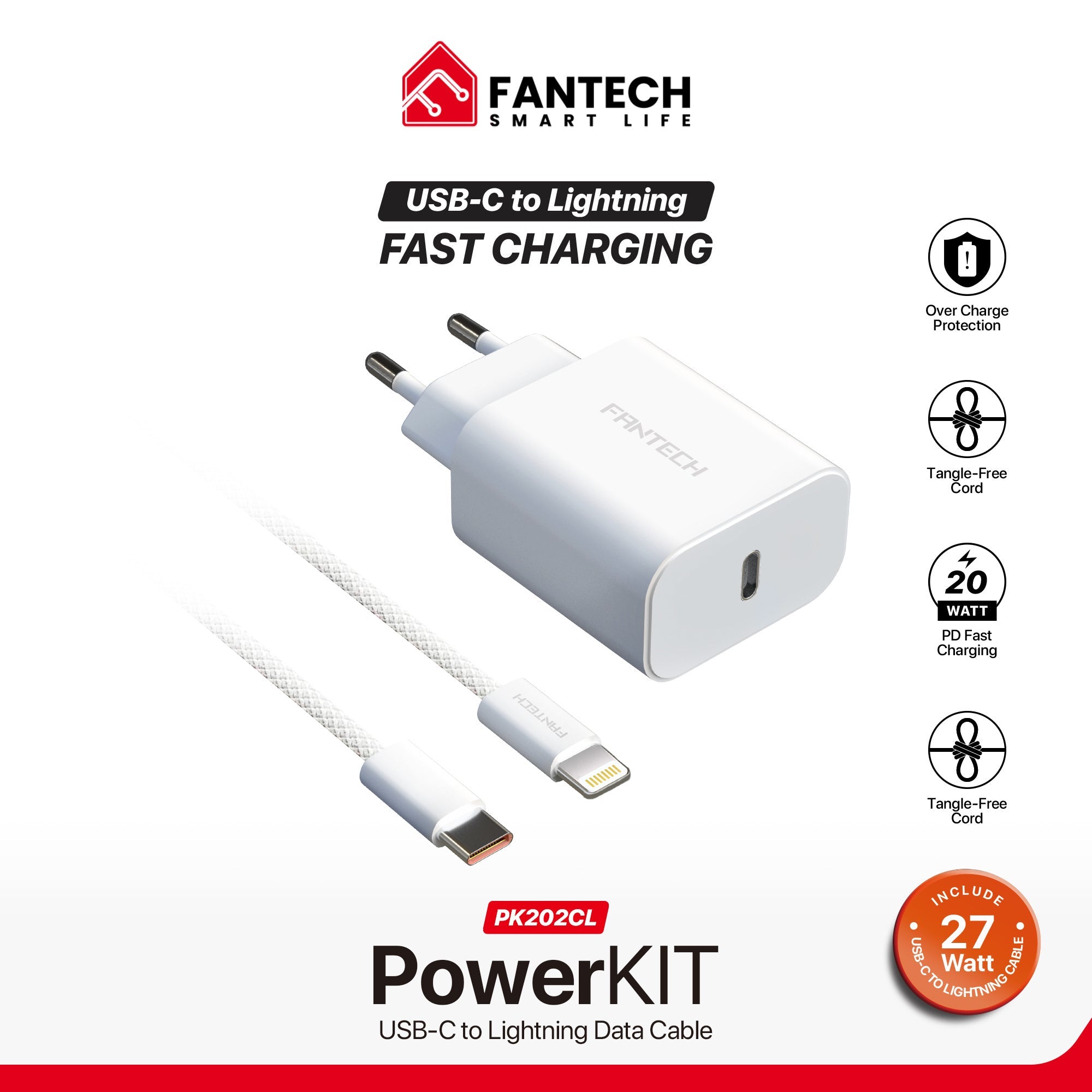 FANTECH PK202 20W Fast Charging Plug USB C Braided Cable Power Delivery for iPhone Home Car Travel Use Phone Charger Data Cable - - Fun Touch Shop