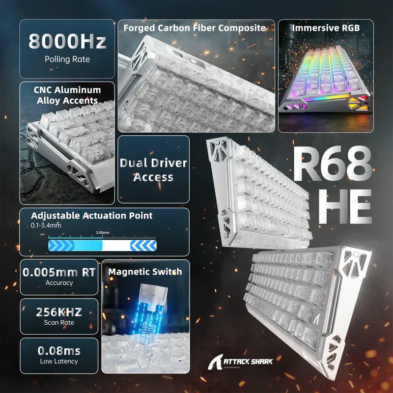 Attack shark r68he 60% wired rapid trigger 8k mechanical rgb gaming keyboard