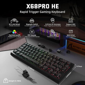 Attack shark x68 pro he wireless rapid trigger gaming keyboard with adjustable