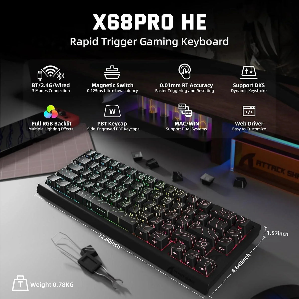 Attack shark x68 pro he wireless rapid trigger gaming keyboard with adjustable