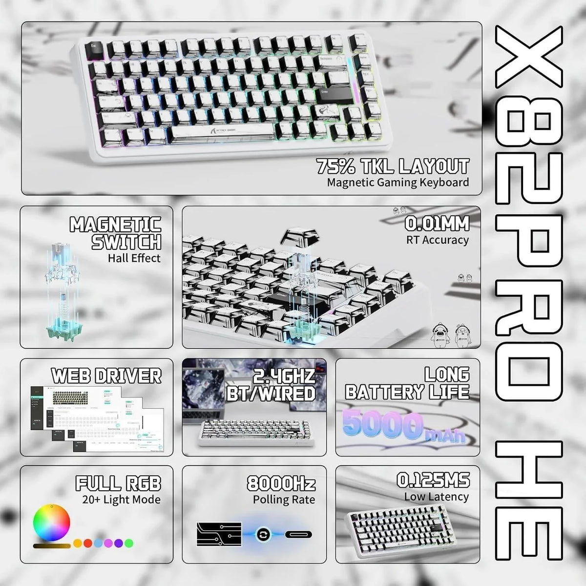 Attack shark x82pro he wireless rapid trigger rgb mechanical gaming keyboard
