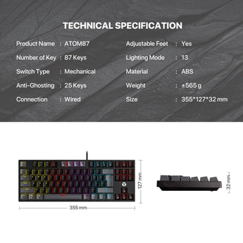 Fantech atom tkl mk876v2 double injection keycaps mechanical keyboard keyboards