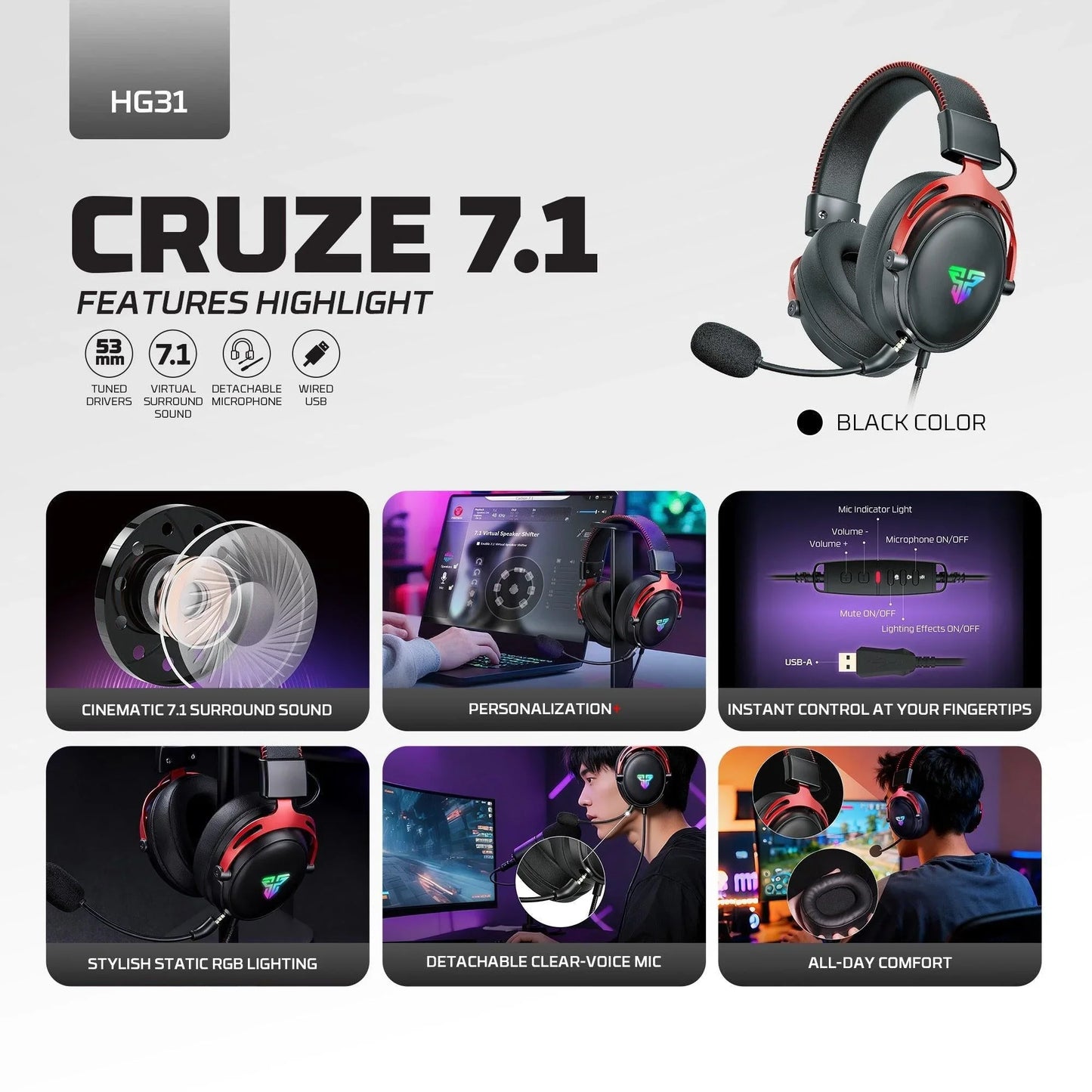 Fantech hg31 cruze 7.1 rgb gaming headset headsets