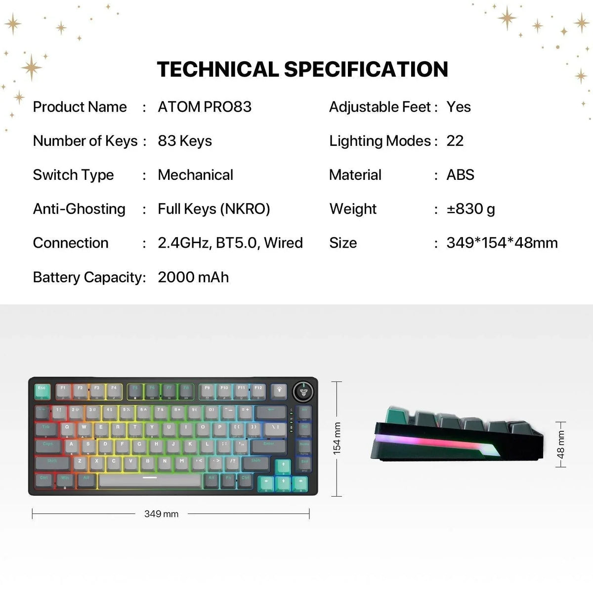 Fantech mk913 atom pro83 rgb bluetooth wireless gaming keyboard saturn keyboards