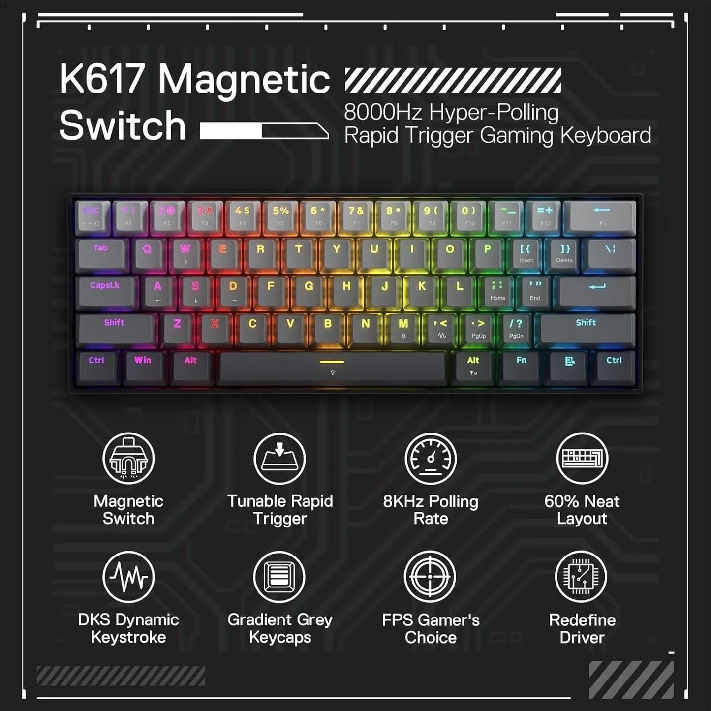 Redragon fizz k617m he (magnetic hall effect keyboard) 8k hz polling rate gray