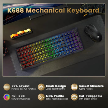 Redragon k688 wireless mechanical keyboard 3 mode gasket mounted rgb gaming