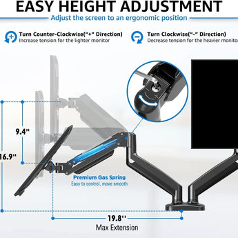 Redragon gmk915 dual monitor mount stand - gas spring adjustable arms with vesa