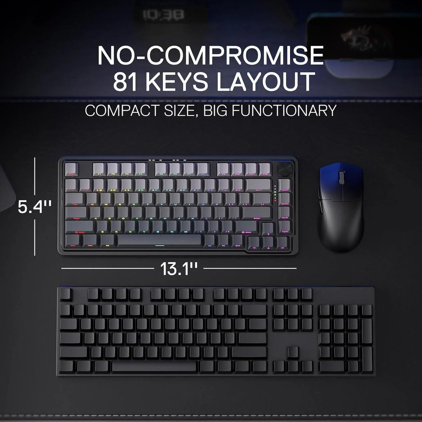 Redragon k673 gb 75% wireless gasket rgb gaming keyboard 3-modes 81 keys pbt
