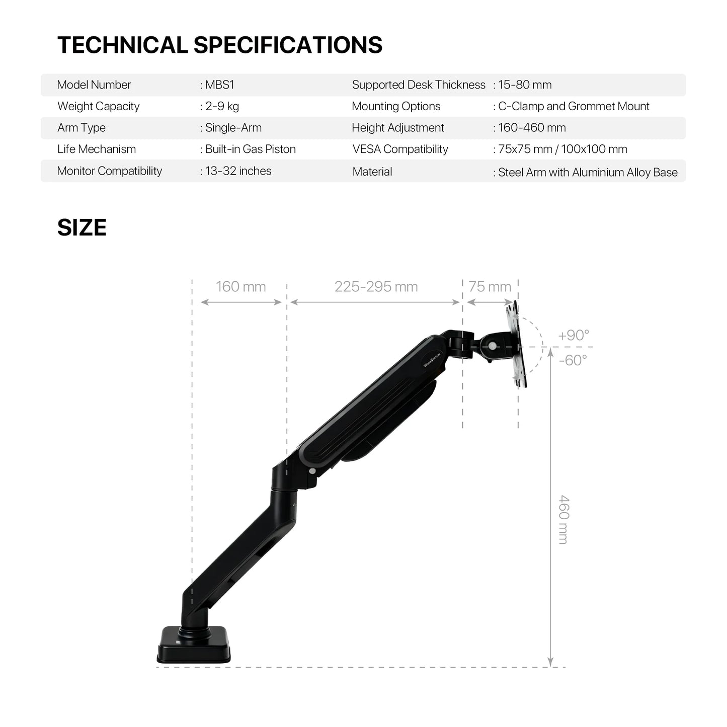 Fantech workstation mbs1 single-arm monitor mount 90 degree for 13’’ to 32’’