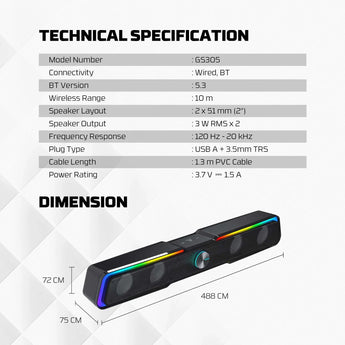 Fantech gs305 bluetooth 5.3 soundbar dual mode rgb lighting gaming speaker