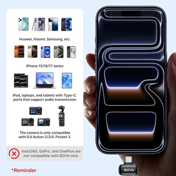 Boya mini 2 wireless lavalier microphones for iphone and usb-c ai noise