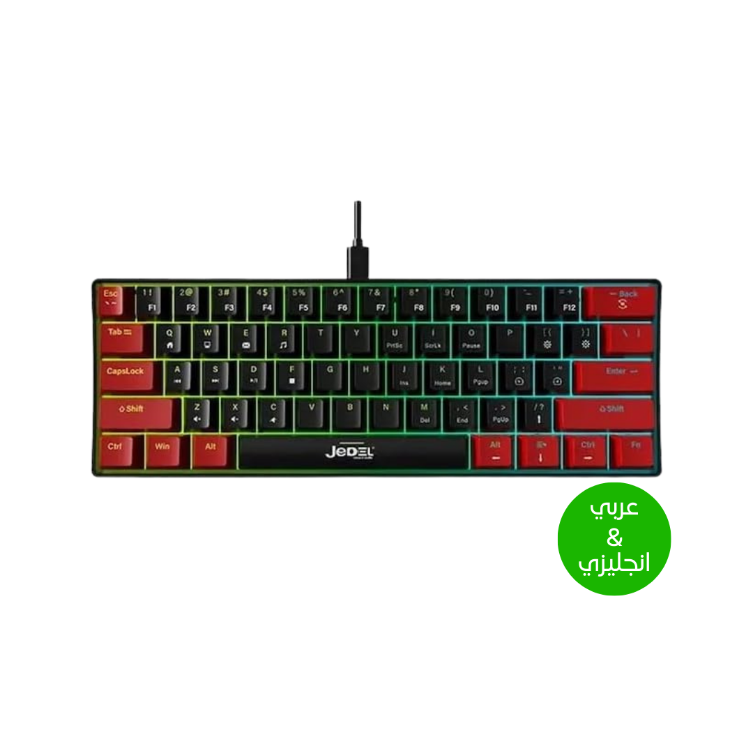 For JEDEL KL69 60% Mechanical Gaming Keyboard (Arabic/English) – Rainbow LED Backlit – 61 Keys Key – Blue Switches –Double injection key caps Illumination – USB Wired For PC (Black/Red) - - Fun Touch Shop