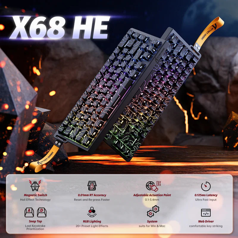 ATTACK SHARK X68 HE Rapid Trigger Mechanical Gaming Keyboard 60% Wired TKL with Adjustable Actuation,Hall Effect Magnetic Switch,8KHz Polling Rate,RGB Backlit,Top Mount for PC Mac Esport Gamer(Black) - - Fun Touch Shop