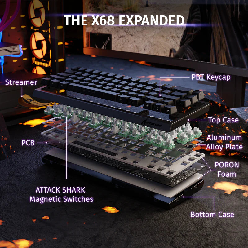 ATTACK SHARK X68 HE Rapid Trigger Mechanical Gaming Keyboard 60% Wired TKL with Adjustable Actuation,Hall Effect Magnetic Switch,8KHz Polling Rate,RGB Backlit,Top Mount for PC Mac Esport Gamer(Black) - - Fun Touch Shop