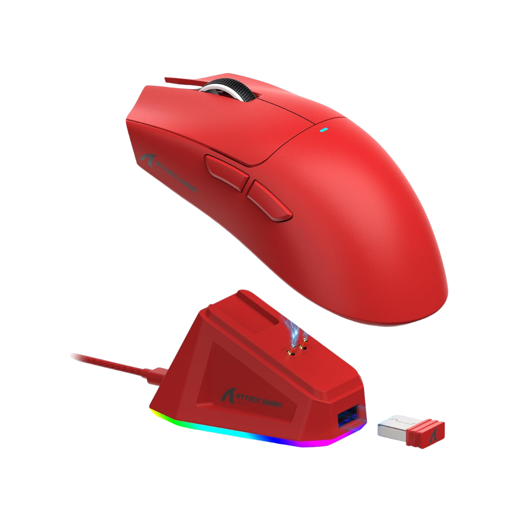ATTACK SHARK X11 Lightweight Wireless Gaming Mouse with RGB Charging Dock,Tri-Mode-2.4G/USB-C Wired/BT,22K DPI,PAW3311 Optical Sensor,HUYU Switch, 5 programmable Buttons for PC/Mac(Red) - - Fun Touch Shop