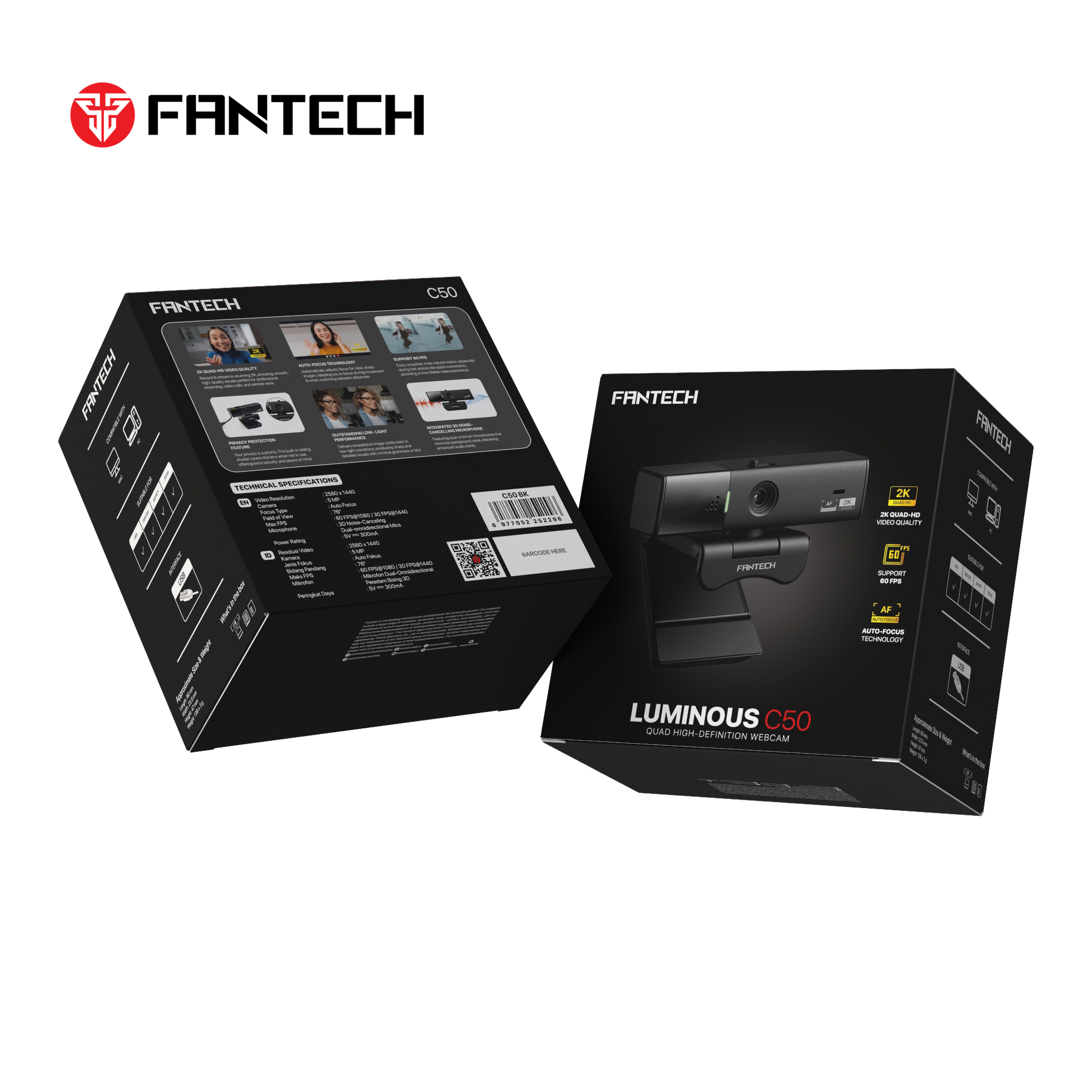 Fantech Luminous C50 Quad High-Definition Webcam 2K Quad-HD Support 60 FPS & 3D Noise Cancelling Mic - - Fun Touch Shop