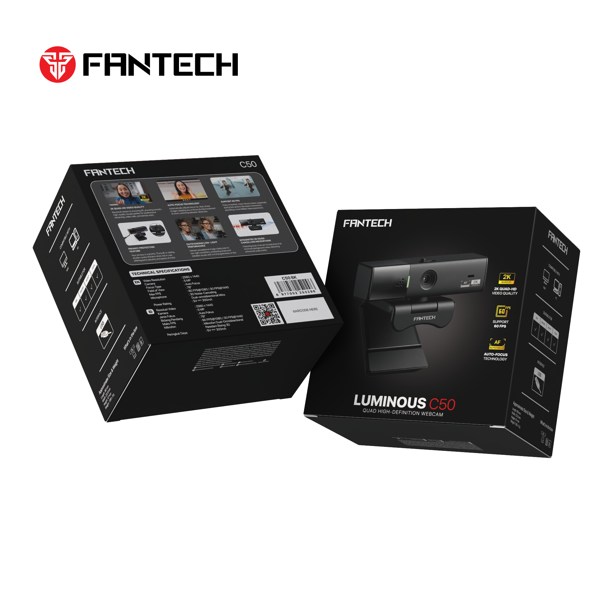 Fantech Luminous C50 Quad High-Definition Webcam 2K Quad-HD Support 60 FPS & 3D Noise Cancelling Mic - - Fun Touch Shop