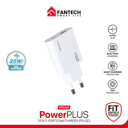 Fantech powerplus pps251 25w gan fast charger – dual-port usb-c & usb-a pd + qc wall charger ultra-slim compact design