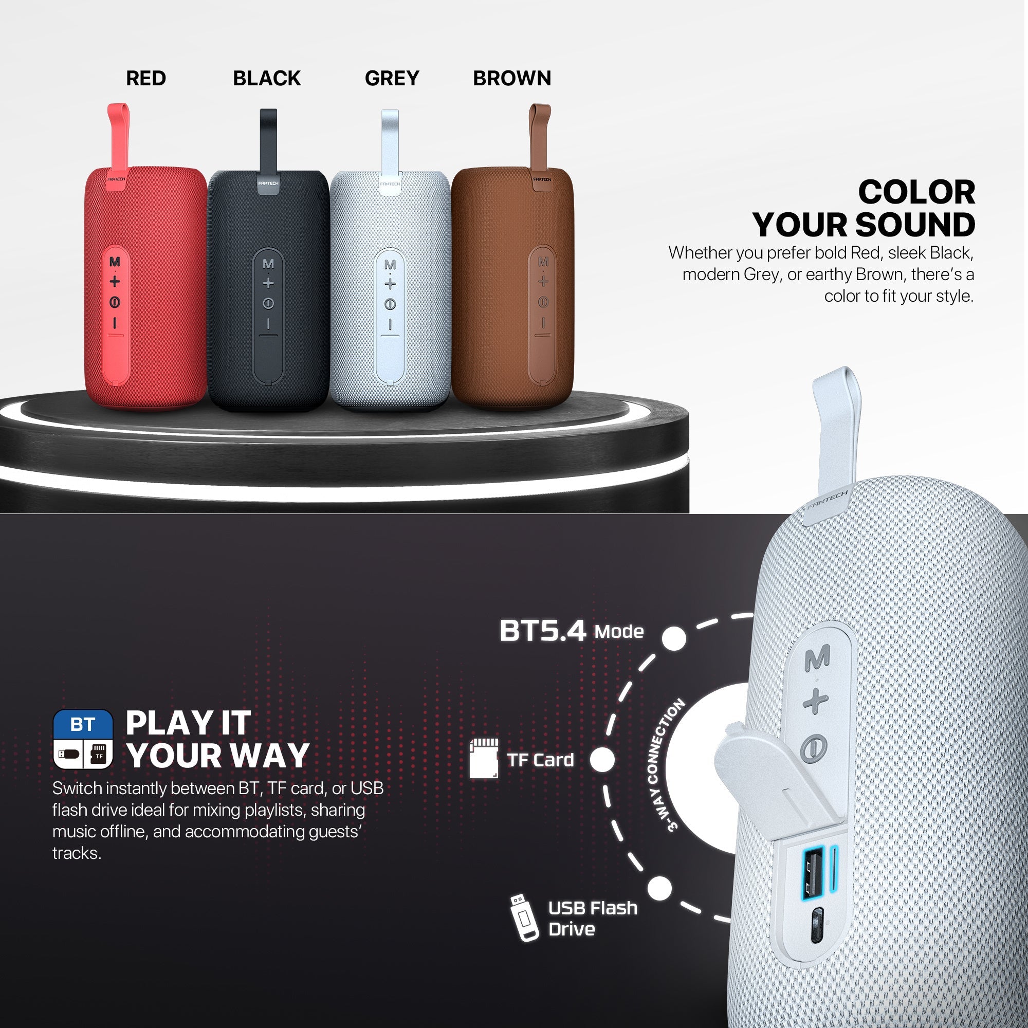 FANTECH BS159 True Wireless RMS Speaker TWS Deep Bass 10W 57mm Driver 4-Way Connectivity BT TF Card USB RGB Portable Speaker - Red - - Fun Touch Shop