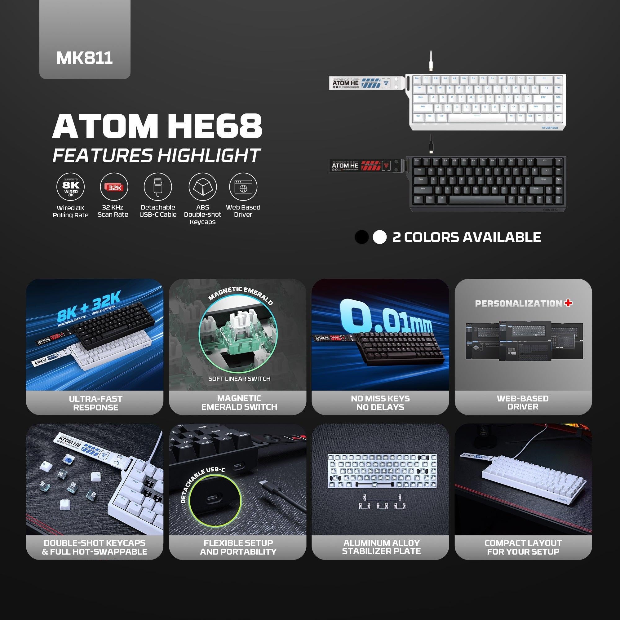 Fantech Magnetic Switch Keyboard ATOM HE68 SERIES MK811 ,White.