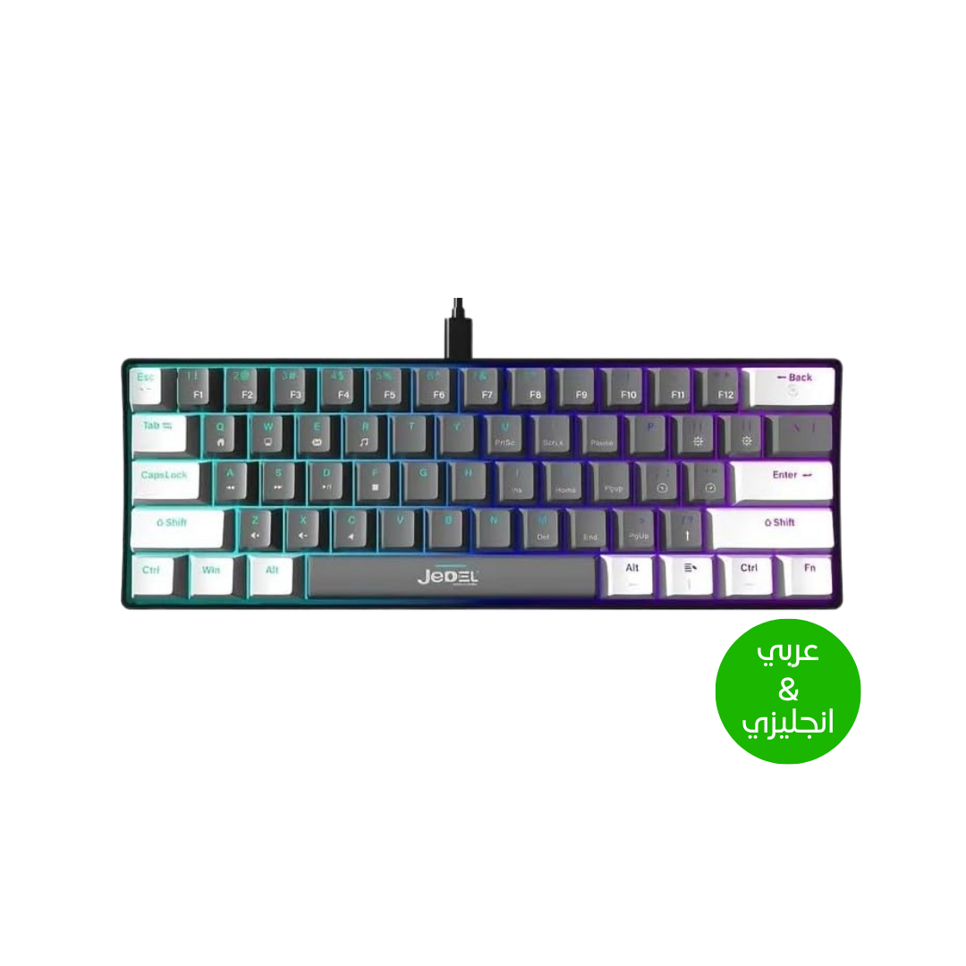 For JEDEL KL69 60% Mechanical Gaming Keyboard (Arabic/English) – Rainbow LED Backlit – 61 Keys Key – Blue Switches –Double injection key caps Illumination – USB Wired For PC (Black/Red) - - Fun Touch Shop