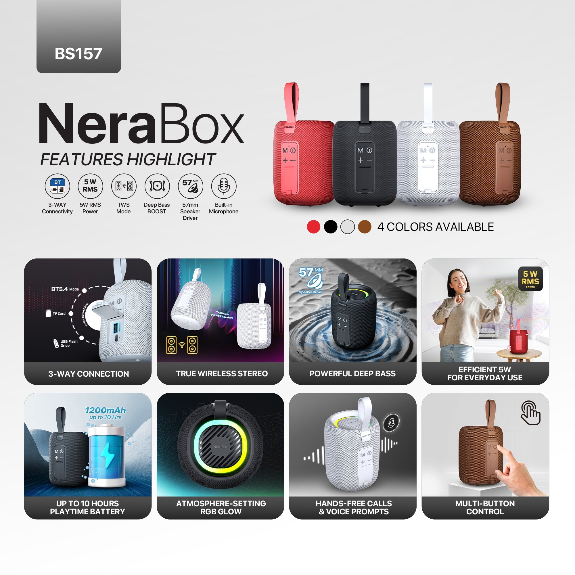 FANTECH(BS157)-NeraBox 5W RMS PORTABLE SPEAKER - Black - - Fun Touch Shop