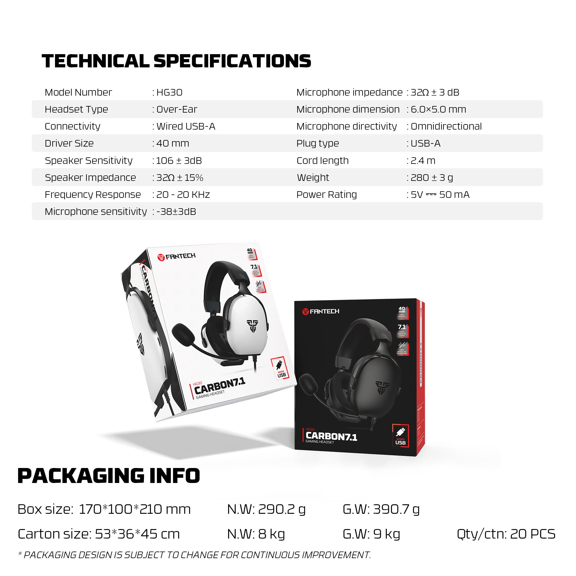 FANTECH HG30 CARBON 7.1 Surround Sound Gaming Headset Black - - Fun Touch Shop