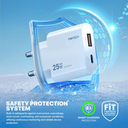 Fantech powerplus pps251 25w gan fast charger – dual-port usb-c & usb-a pd + qc wall charger ultra-slim compact design