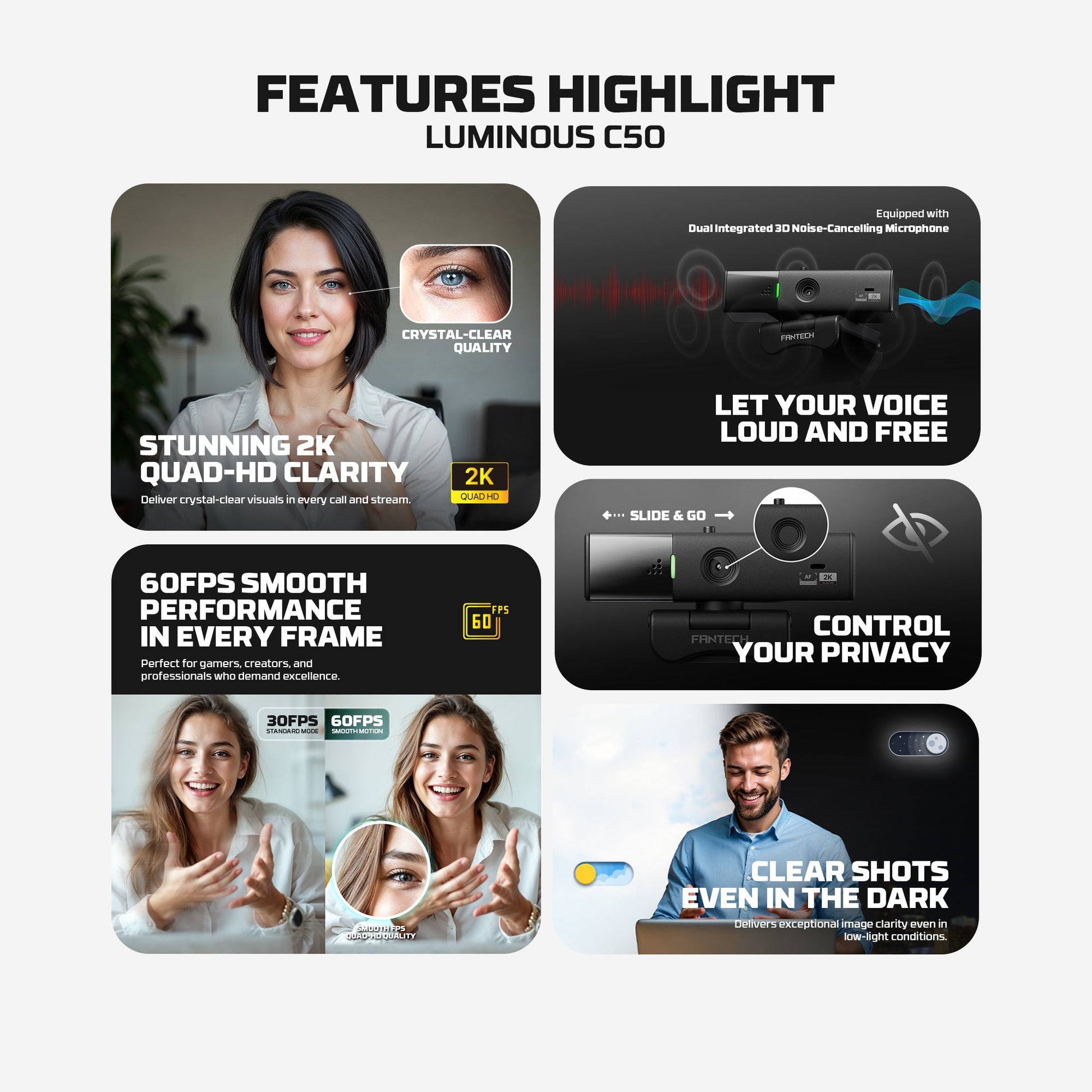 Fantech Luminous C50 Quad High-Definition Webcam 2K Quad-HD Support 60 FPS & 3D Noise Cancelling Mic - - Fun Touch Shop