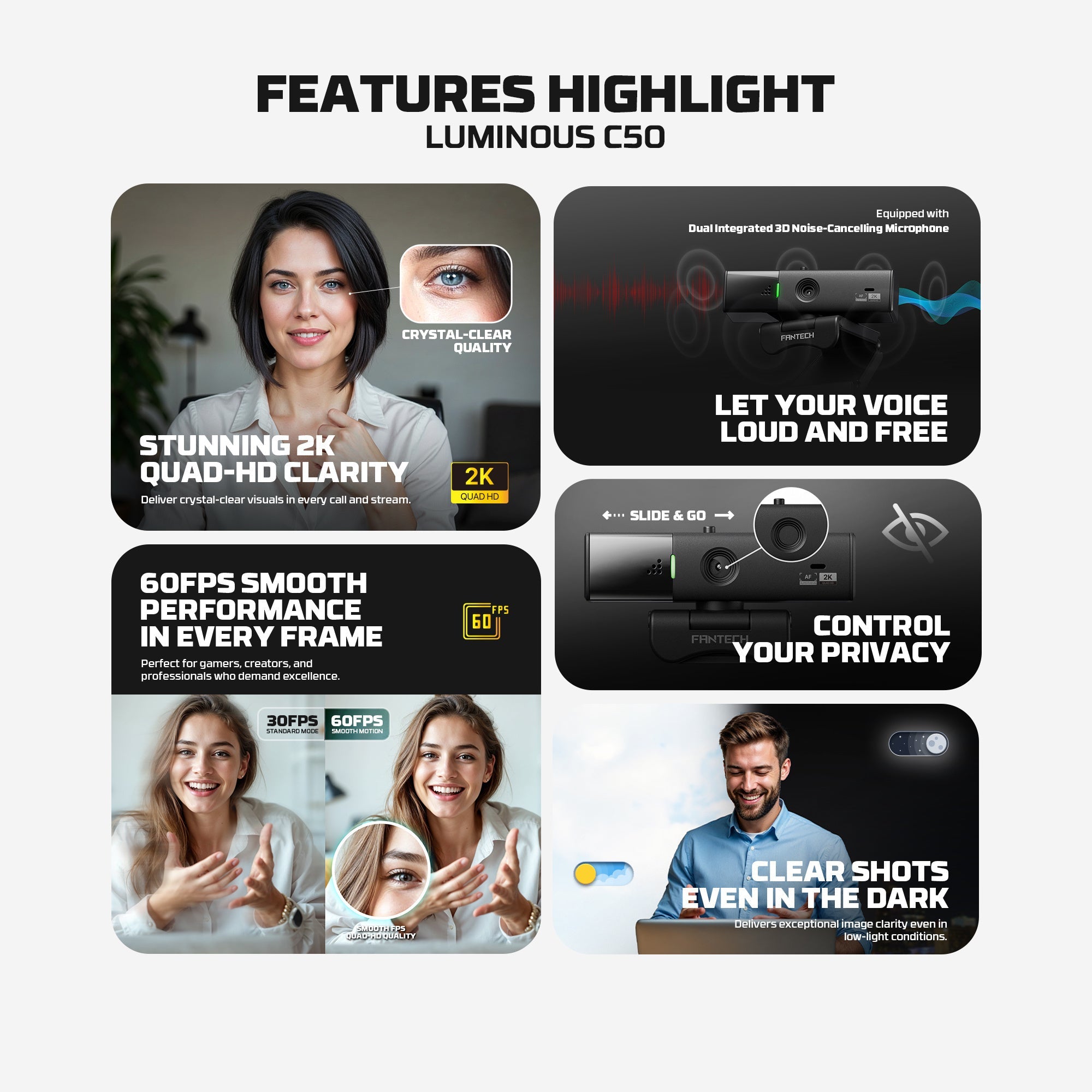 Fantech Luminous C50 Quad High-Definition Webcam 2K Quad-HD Support 60 FPS & 3D Noise Cancelling Mic - - Fun Touch Shop