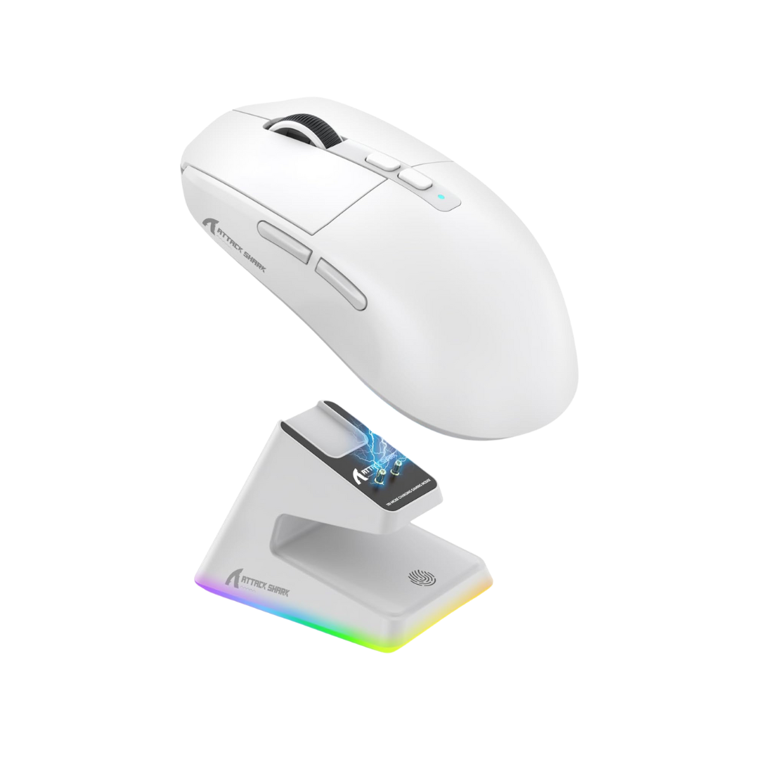 ATTACK SHARK X6 Lightweight Wireless Gaming Mouse with RGB Backlight Charging Base,Tri-Mode Wired/2.4GHz/BT5.2,26K DPI, PAW3395 Optical Sensor,HUANO Switch,5programmable Buttons,PC/Mac(White) - - Fun Touch Shop