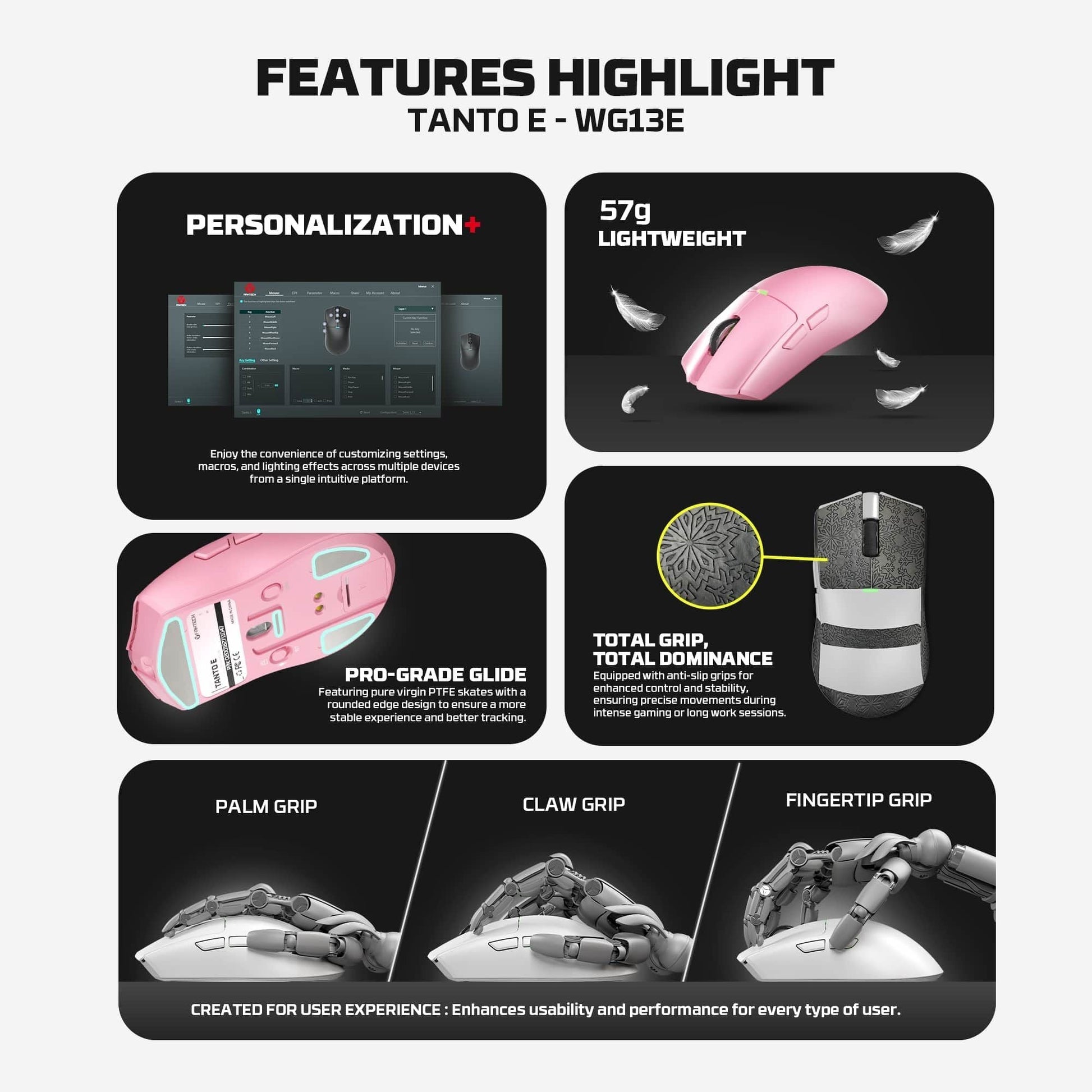 FANTECH TANTOE WG13E Wireless Mouse Three-mode switching and Magnetic Rechargeable Dock PixArt PAW3311 Up to 45 hours Macro Mic - Pink - - Fun Touch Shop