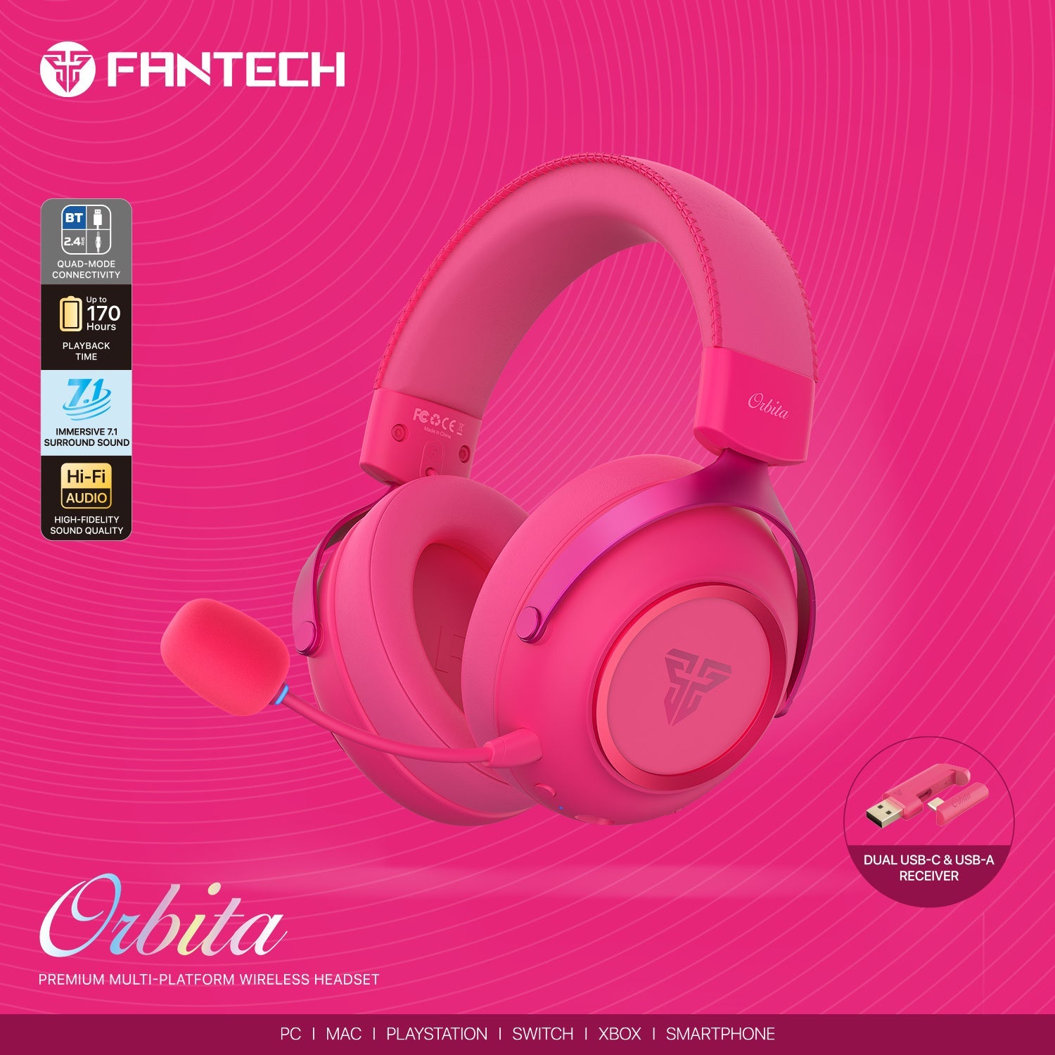 FANTECH Orbita WHG07 2.4G Bluetooth Wireless Gaming Headset 53mm Hi-Fi 7.1 Surround Sound Headphones with Noise Reduction Mic