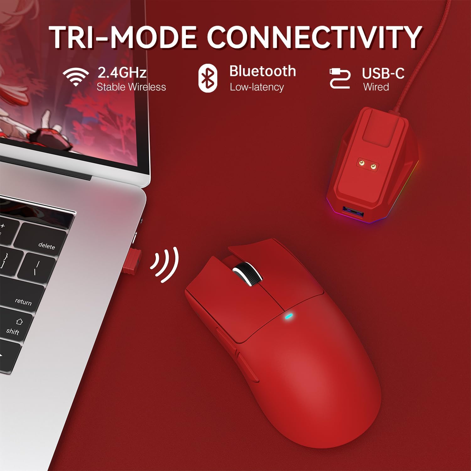 ATTACK SHARK X11 Lightweight Wireless Gaming Mouse with RGB Charging Dock,Tri-Mode-2.4G/USB-C Wired/BT,22K DPI,PAW3311 Optical Sensor,HUYU Switch, 5 programmable Buttons for PC/Mac(Red) - - Fun Touch Shop