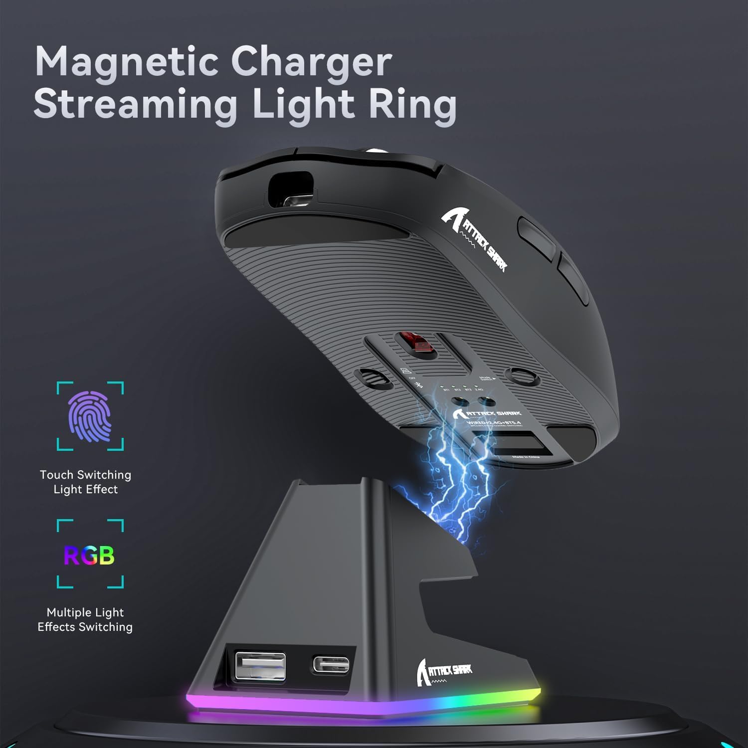 ATTACK SHARK X6 Lightweight Wireless Gaming Mouse with RGB Backlight Charging Base,Tri-Mode Wired/2.4GHz/BT5.2,26K DPI, 395 Optical PAW3Sensor,HUANO Switch,5programmable Buttons,PC/Mac(Black) - - Fun Touch Shop