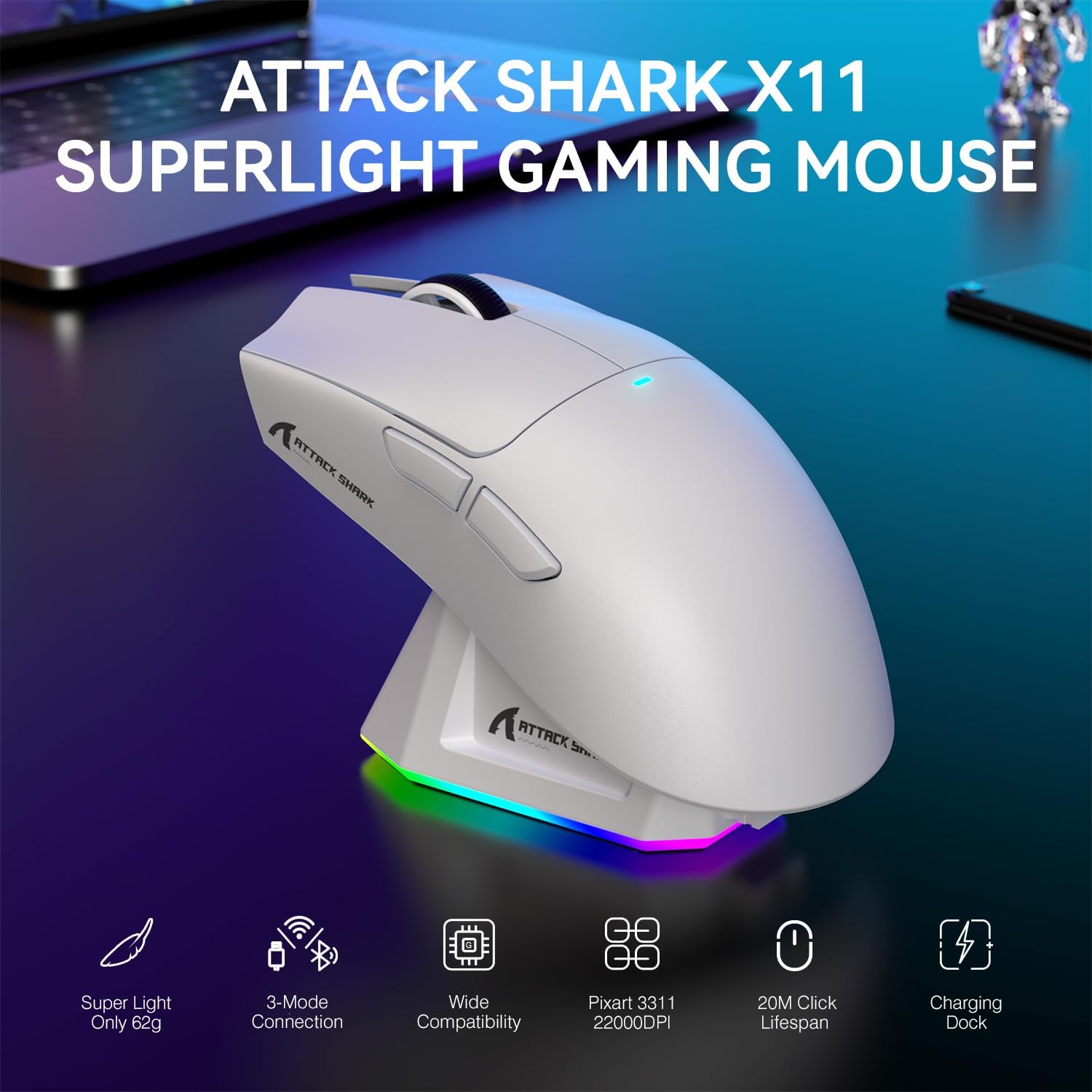 ATTACK SHARK X11 Lightweight Wireless Gaming Mouse with RGB Charging Dock,Tri-Mode-2.4G/USB-C Wired/BT,22K DPI,PAW3311 Optical Sensor,HUYU Switch, 5 programmable Buttons for PC/Mac(White) - - Fun Touch Shop