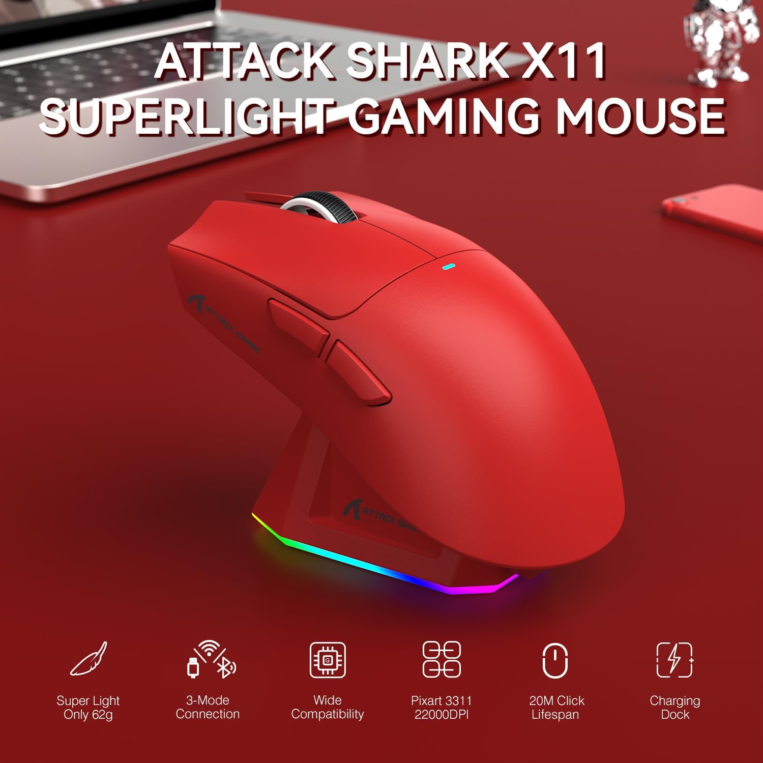 ATTACK SHARK X11 Lightweight Wireless Gaming Mouse with RGB Charging Dock,Tri-Mode-2.4G/USB-C Wired/BT,22K DPI,PAW3311 Optical Sensor,HUYU Switch, 5 programmable Buttons for PC/Mac(Red) - - Fun Touch Shop